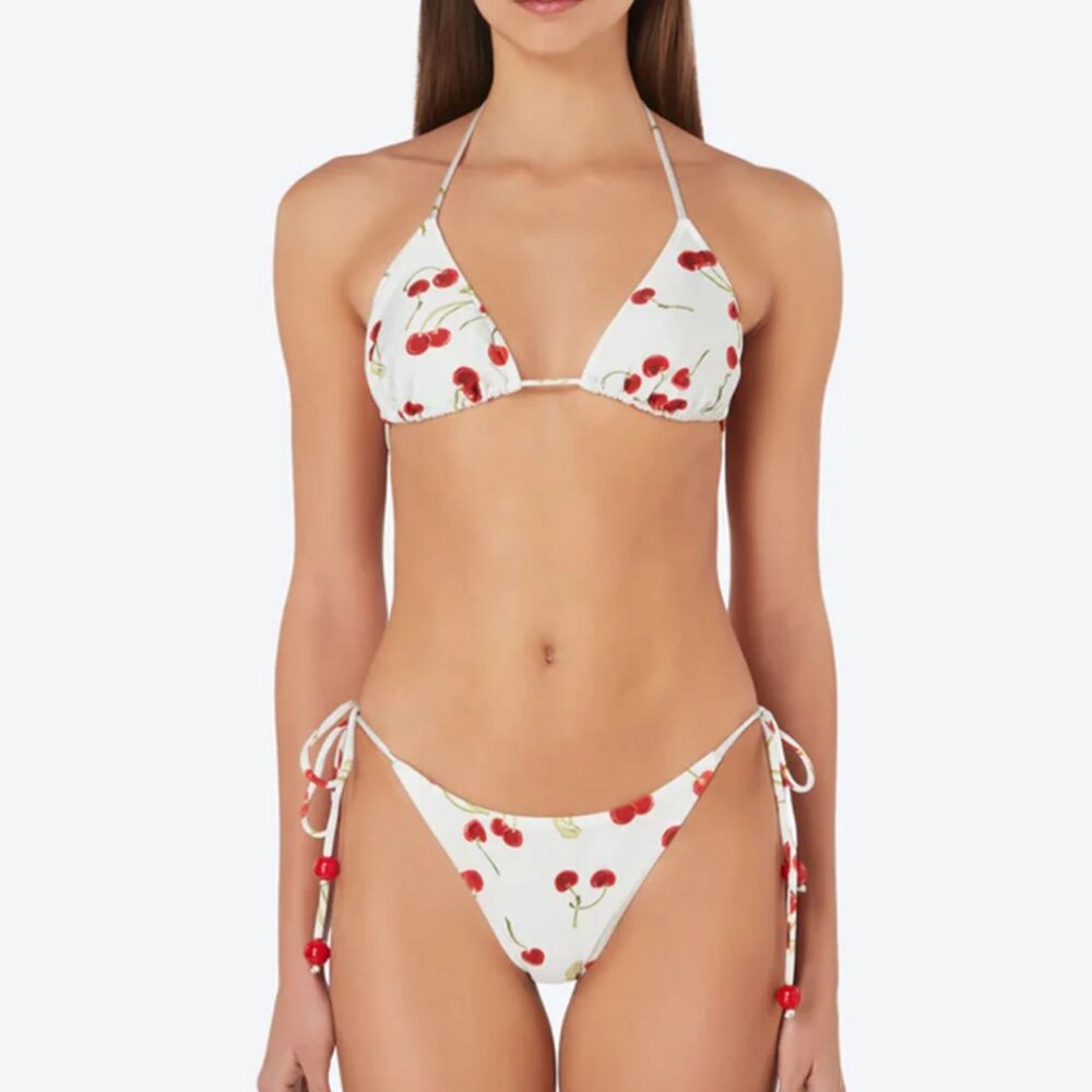 White Cherry-Print Triangle Bikini Set